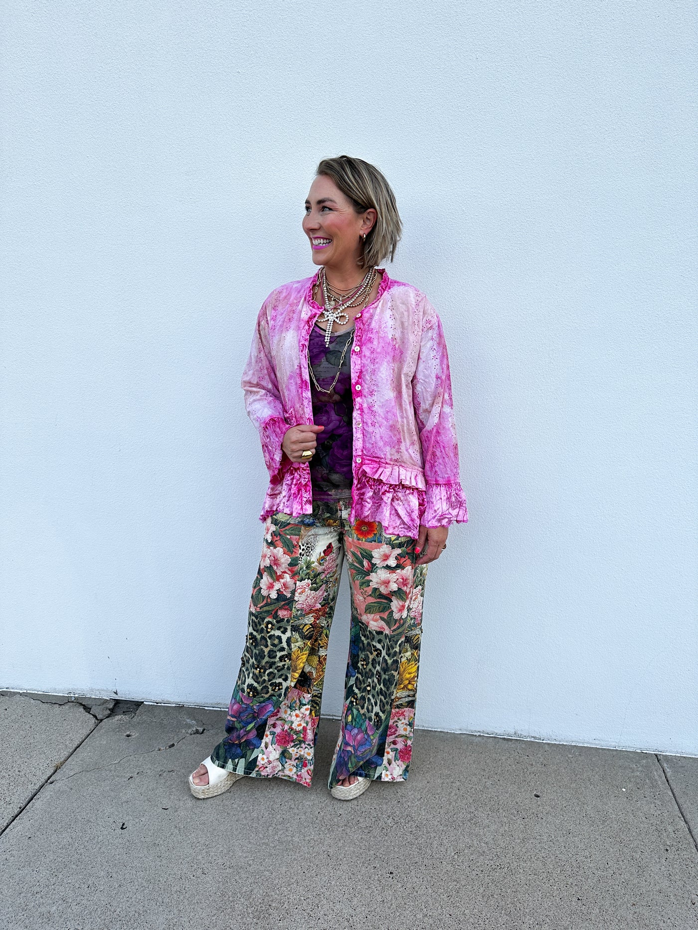 Pink Distressed Velvet Eyelet Jacket