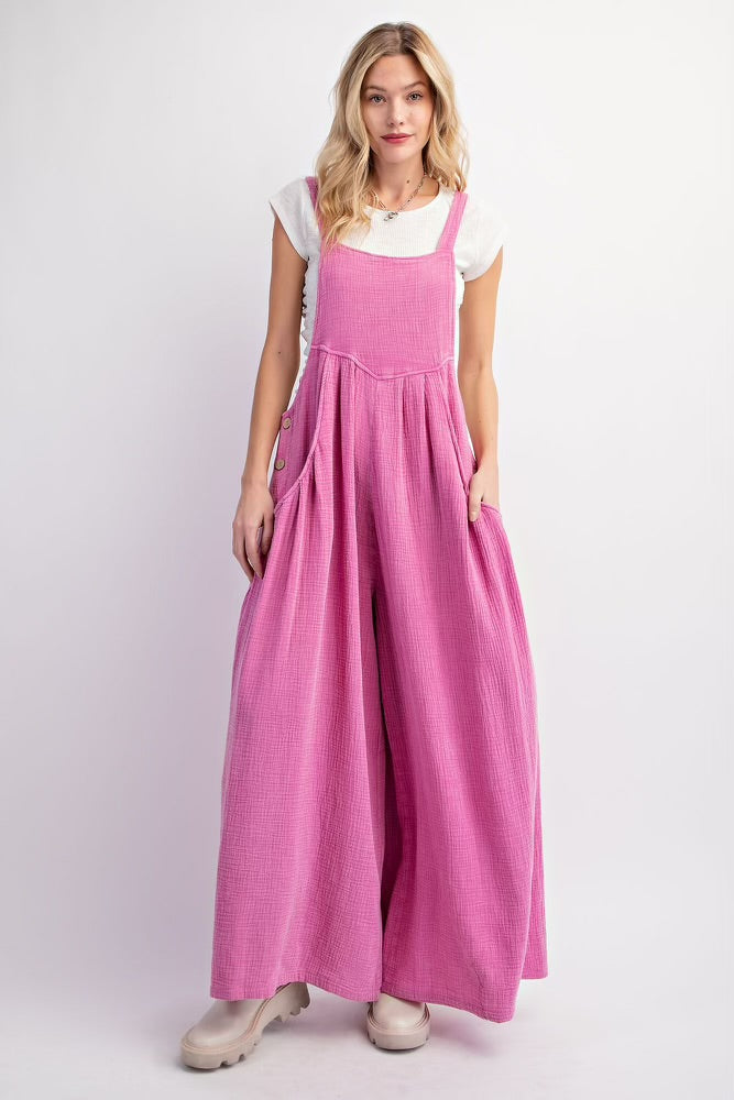 CARNATION PINK MINERAL WASHED COTTON GAUZE PALAZZO JUMPSUIT