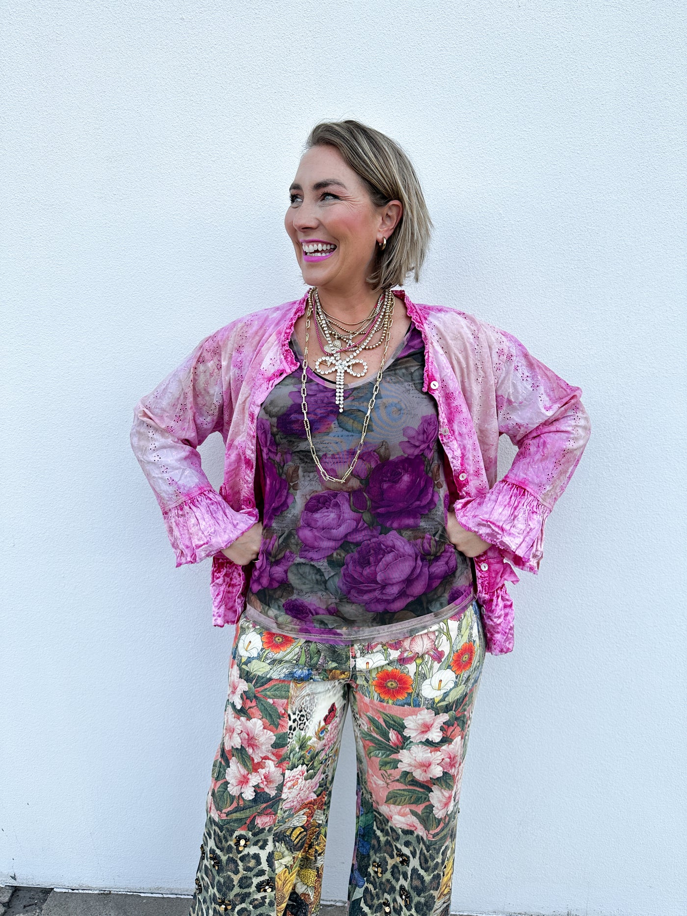 Pink Distressed Velvet Eyelet Jacket