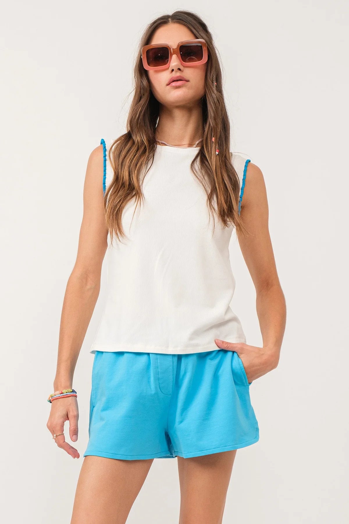 Another Love GRETCHEN RIBBED RUFFLE TOP WHITE