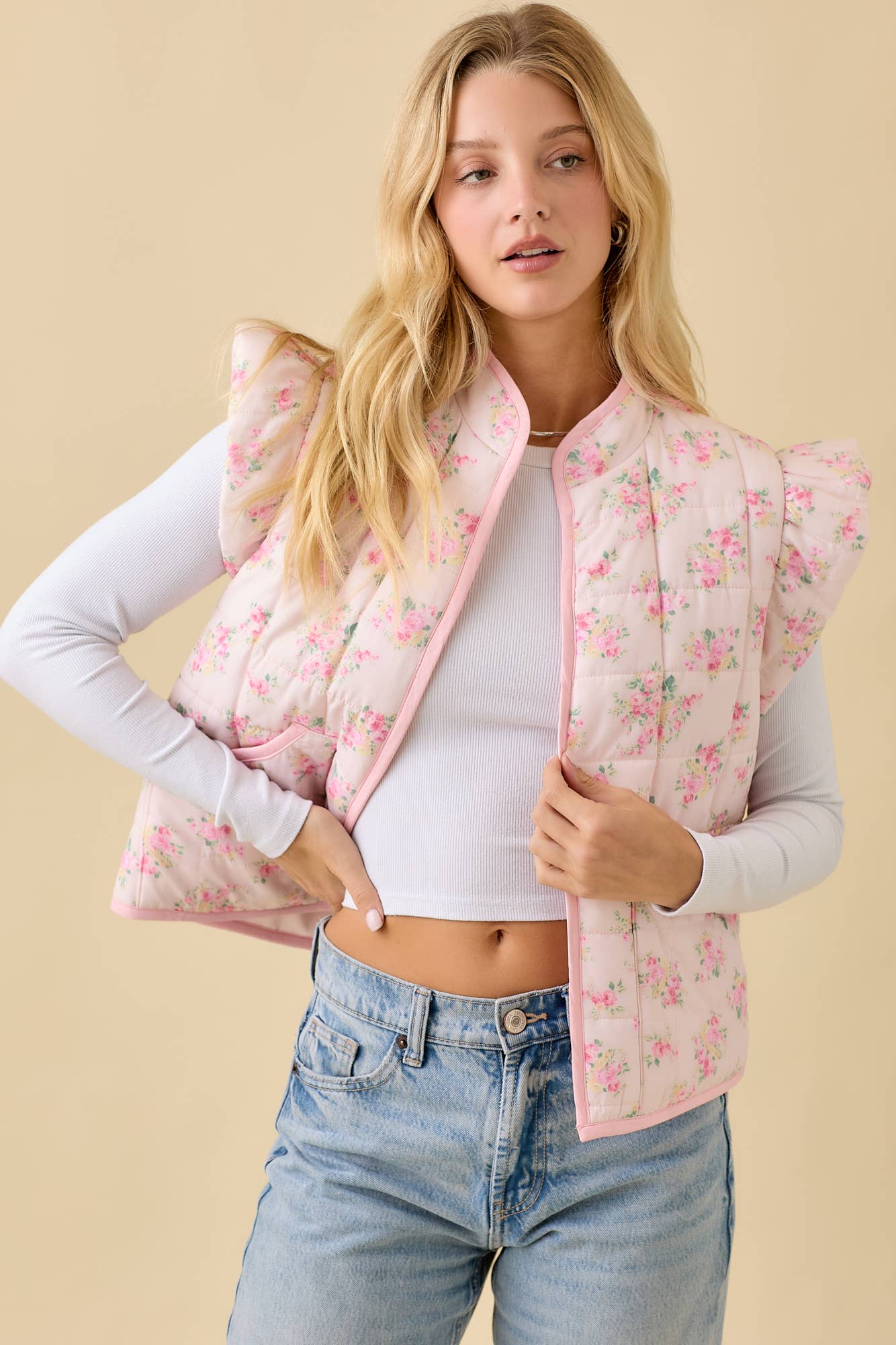 Floral Pink Ruffle Sleeve Puff Vest