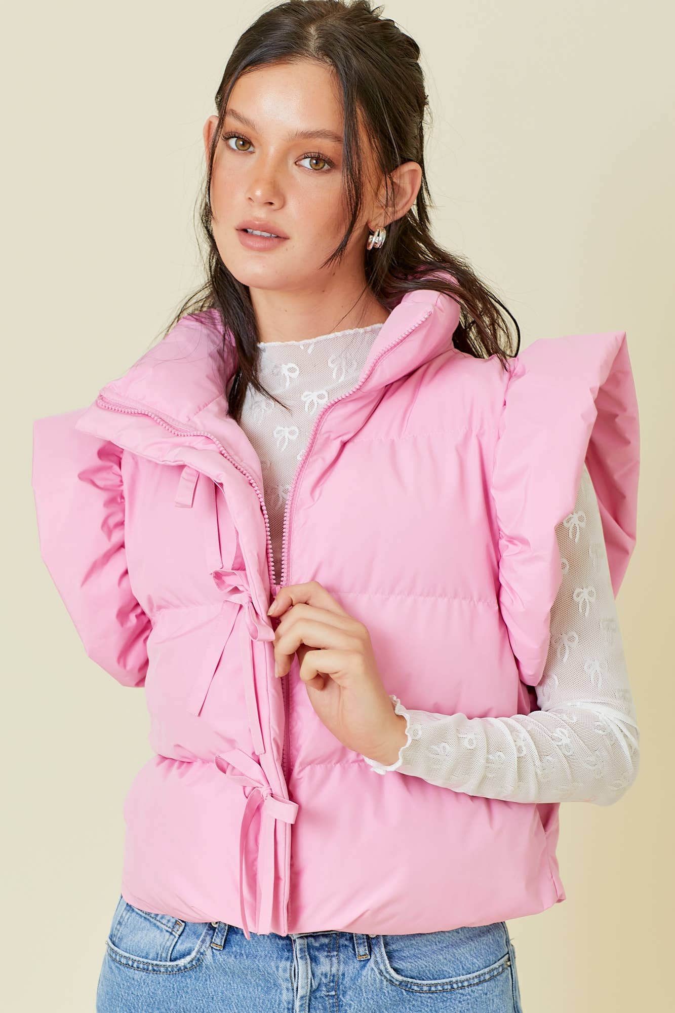Pink Bow Tie Ruffle Puffer Vest