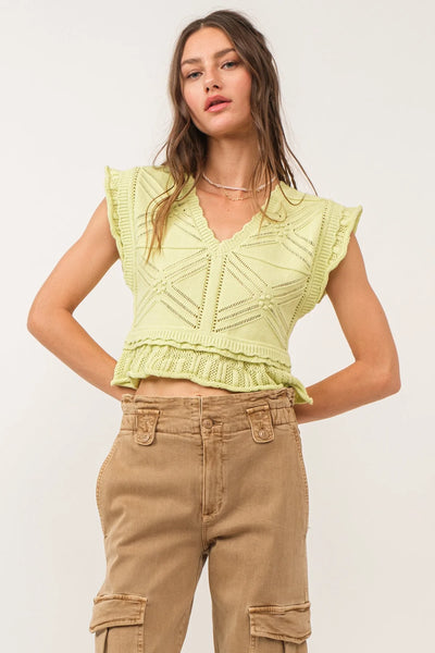 Another Love DELANEY PEPLUM SWEATER TOP PALE LIME