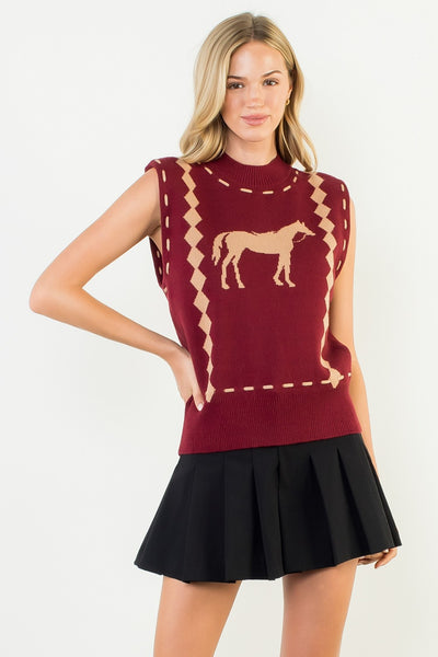 Burgundy Sleeveless Horse Knit Vest