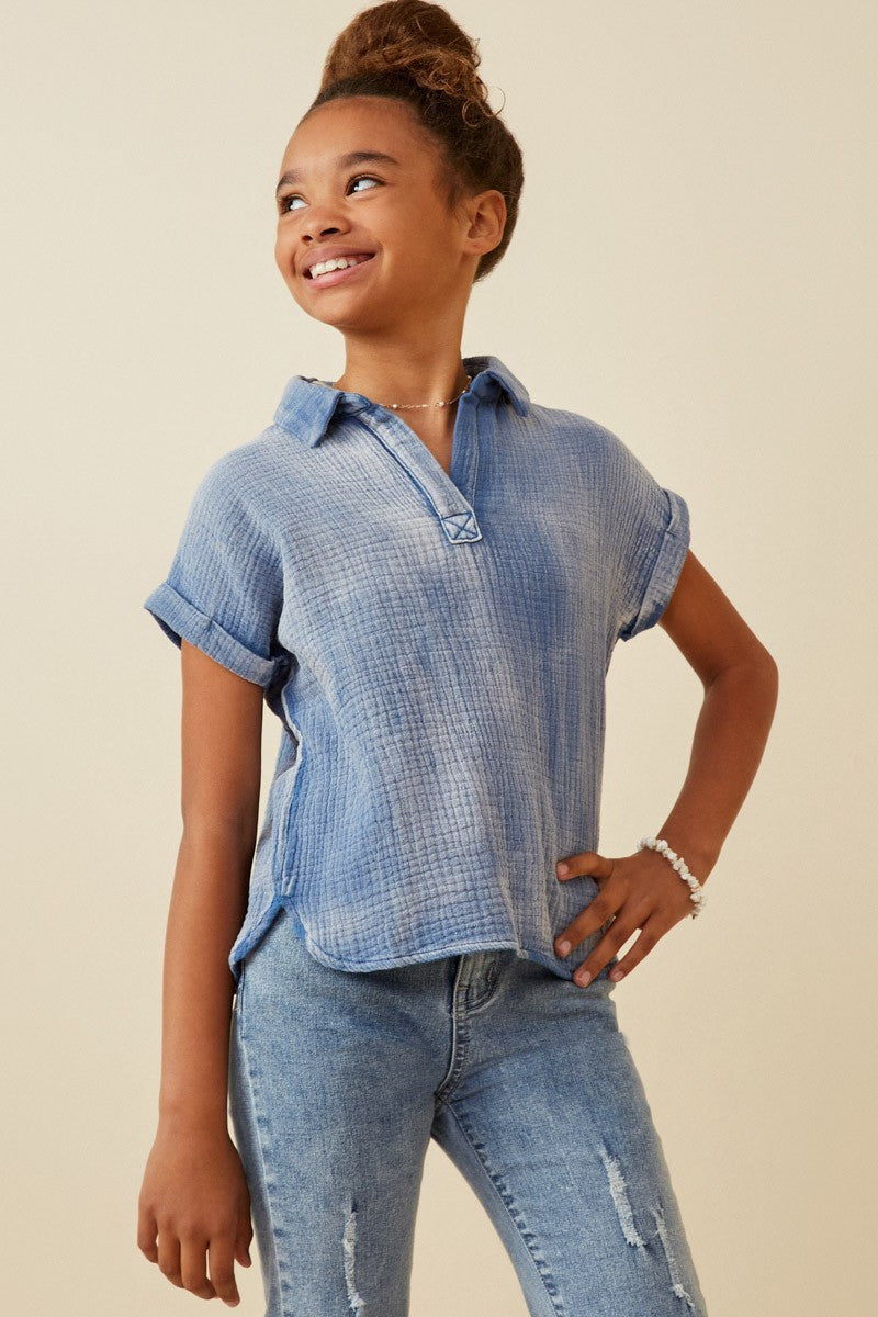 Girls Blue Washed Dolman Top