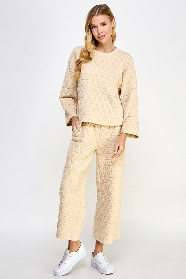 Cream Quilted Cropped Wide Pants