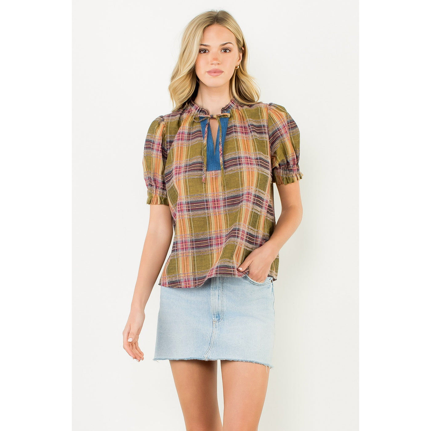 Plaid Puff Sleeve Top