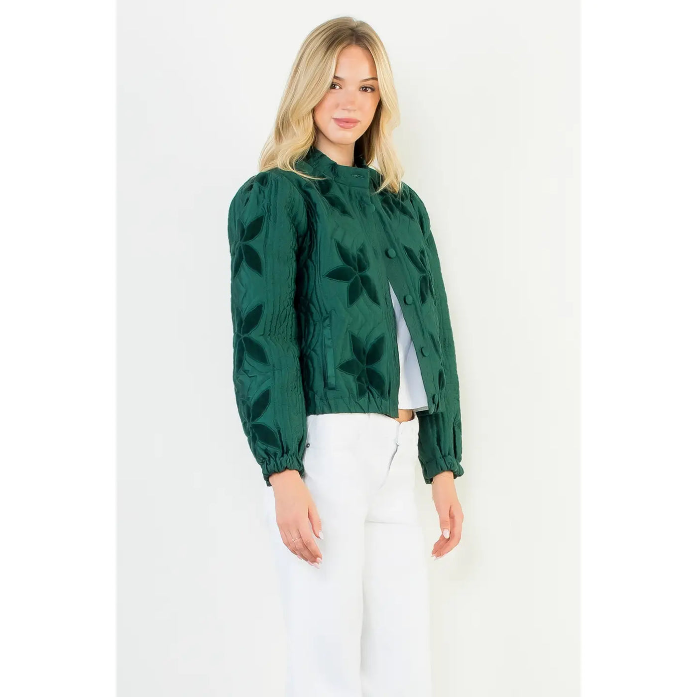 Green Flower Detail Velvet Quilted Jacket