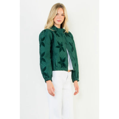 Green Flower Detail Velvet Quilted Jacket