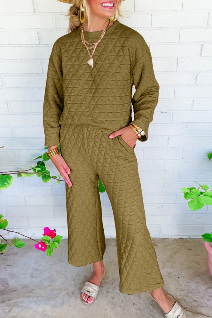 Sage Green Quilted Pullover and Pants Outfit