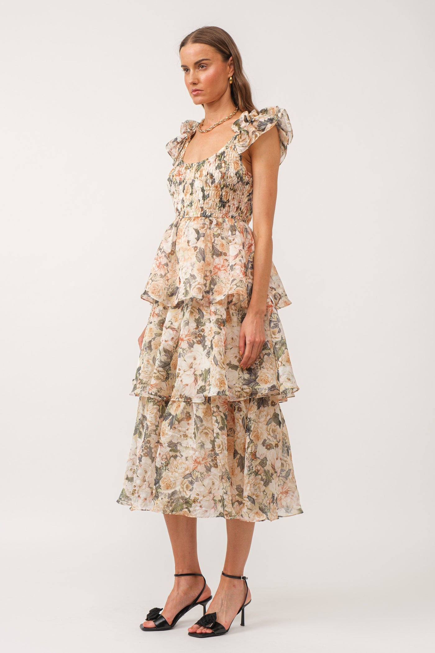 Floral Organza Smocked Midi Dress