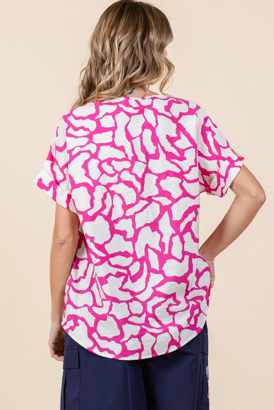 Hot Pink Print Short Sleeves Top