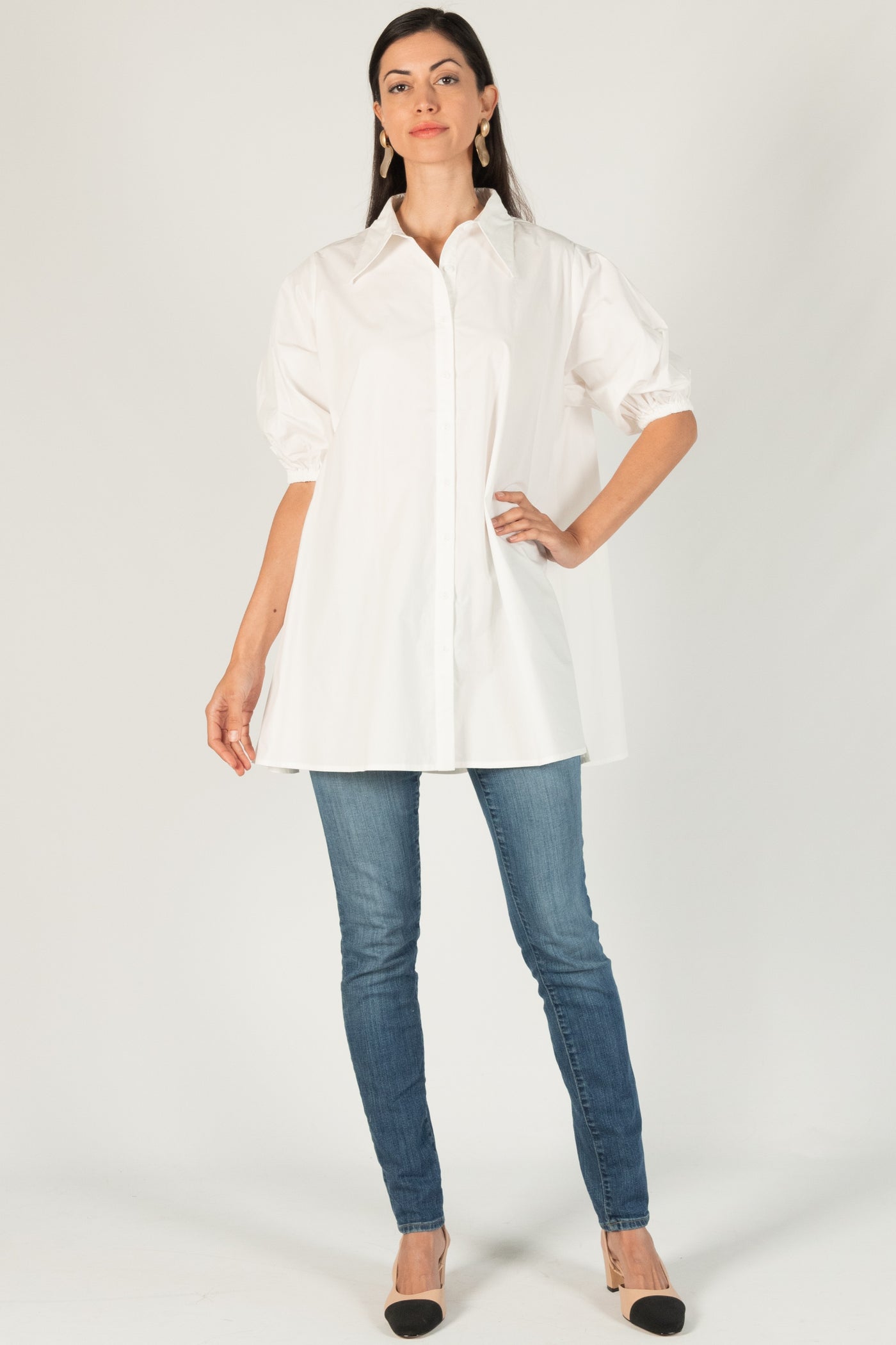 White Poplin Puff Sleeve Tunic