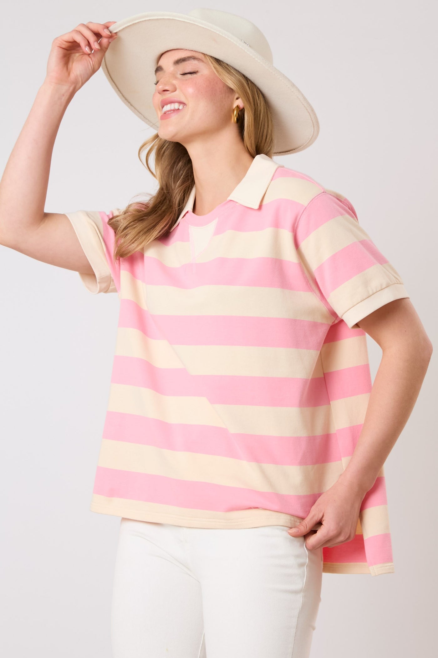 Pink Bold Stripe Collar Short Sleeve Top