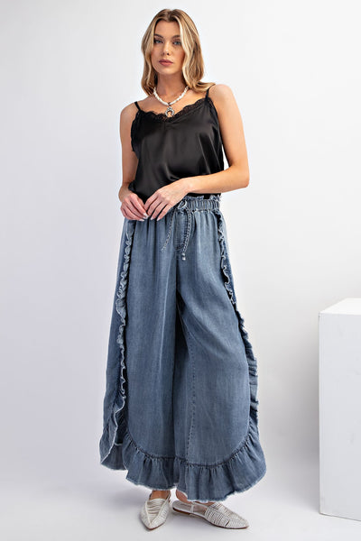 Easel WASHED RUFFLE CHAMBRAY LOOSE FIT PANTS