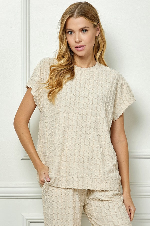 Cream Glitter Textured Short Sleeve Top