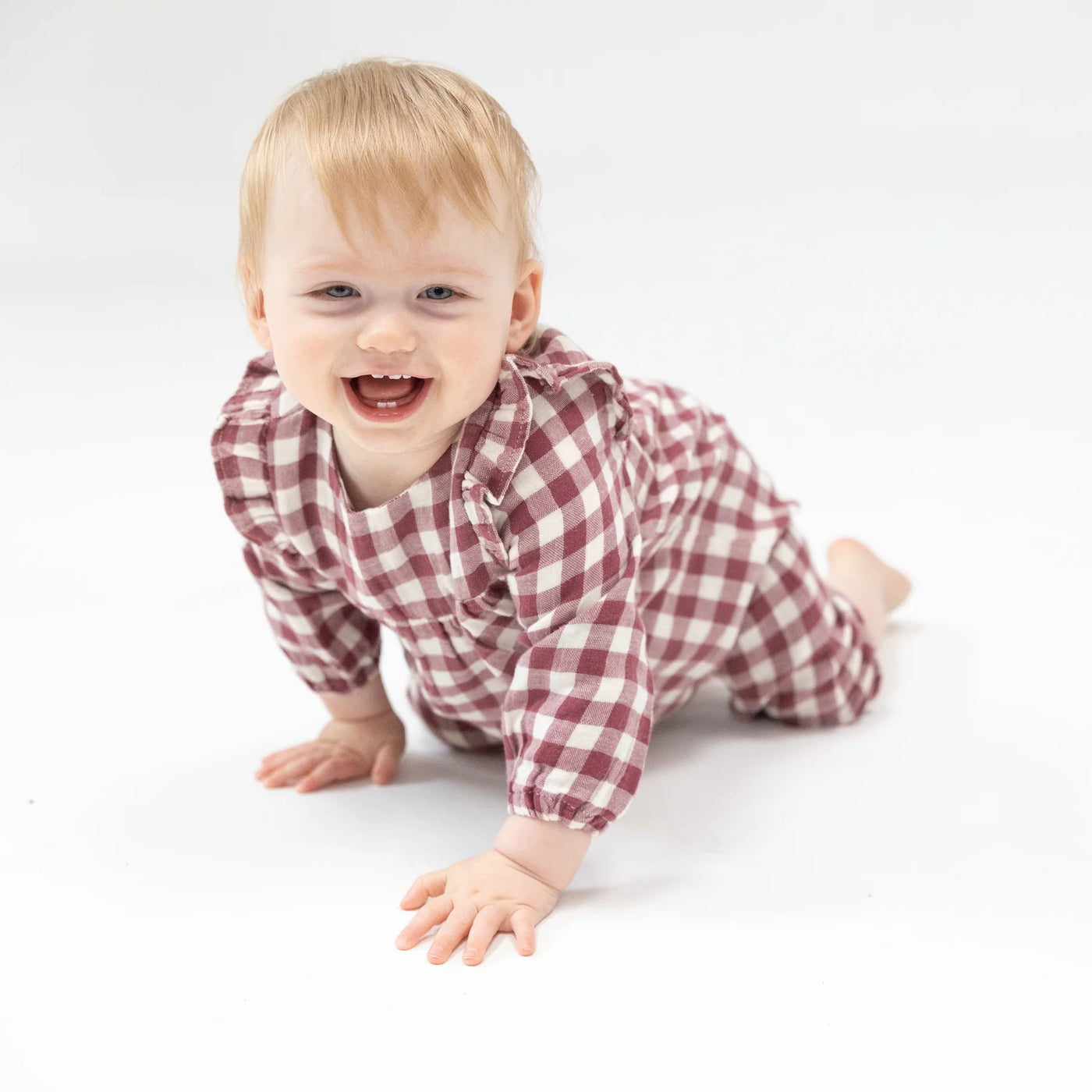 Gingham Plum Ruffle Romper