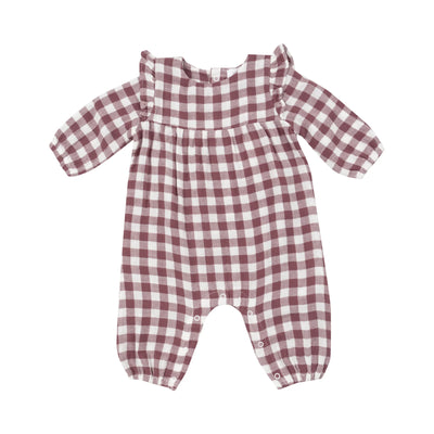 Gingham Plum Ruffle Romper