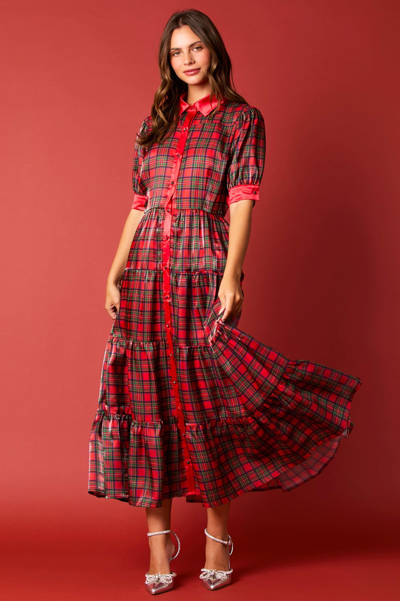 Christmas Plaid Organza Midi Dress