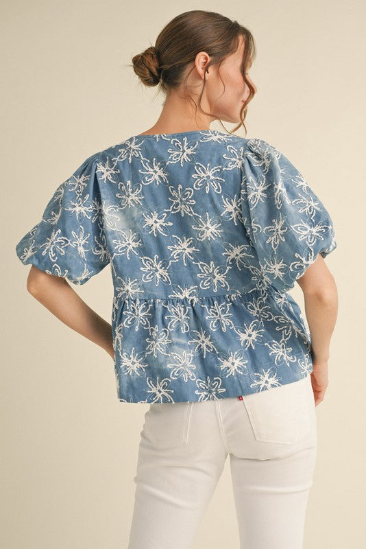 Denim Flower embroidered Peplum Top