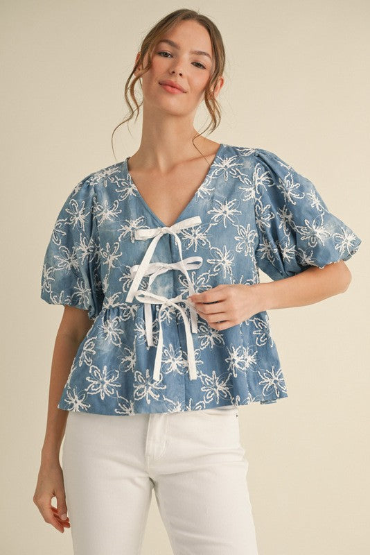 Denim Flower embroidered Peplum Top