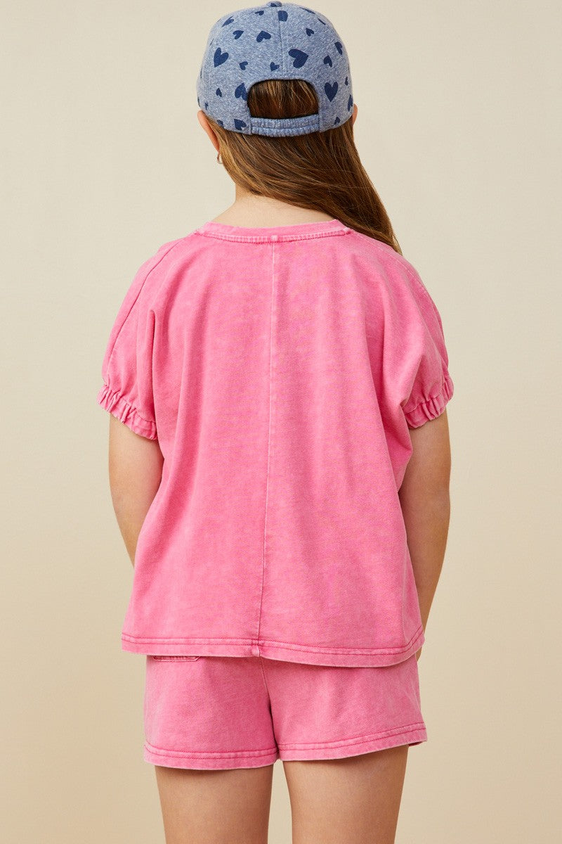 Girls Pink Elastic Sleeve T Shirt