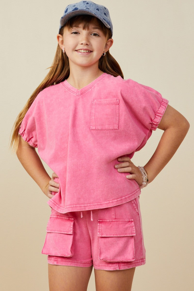 Girls Pink Elastic Sleeve T Shirt
