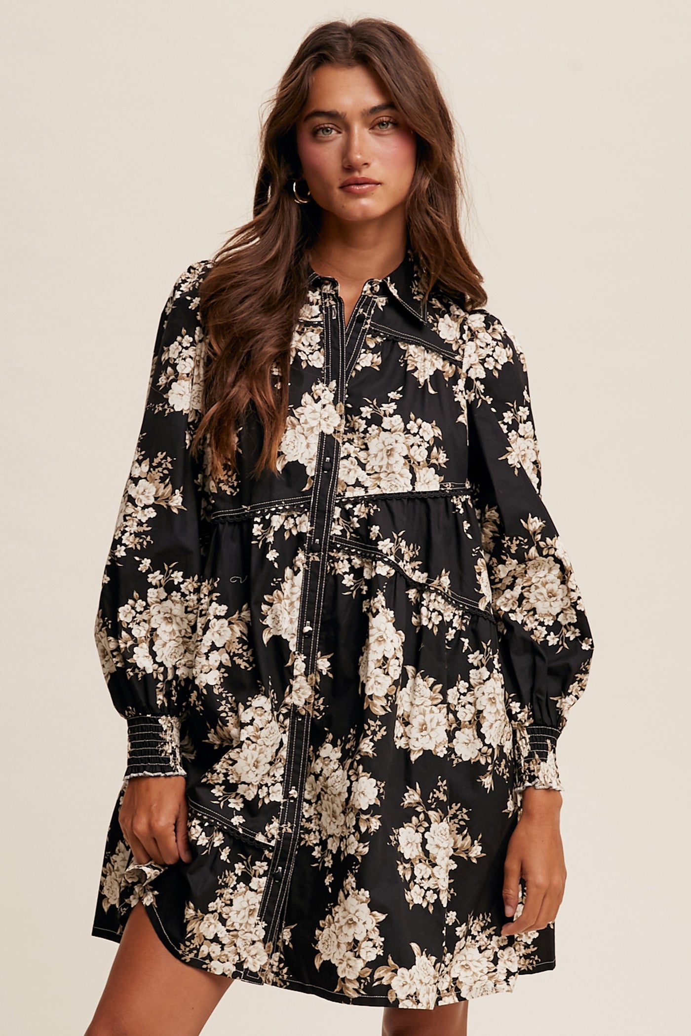 Delicate Floral Tiered Shirt Dress