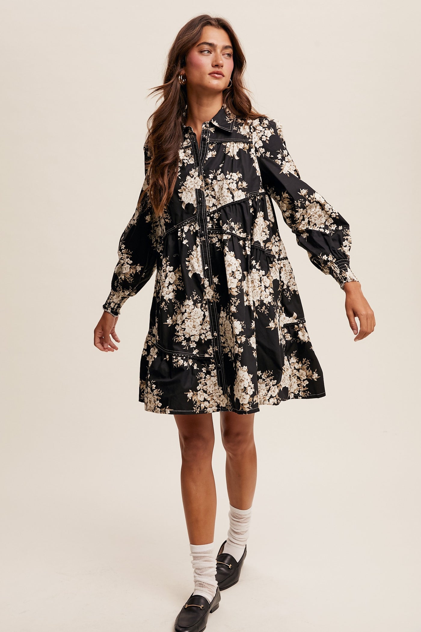 Delicate Floral Tiered Shirt Dress