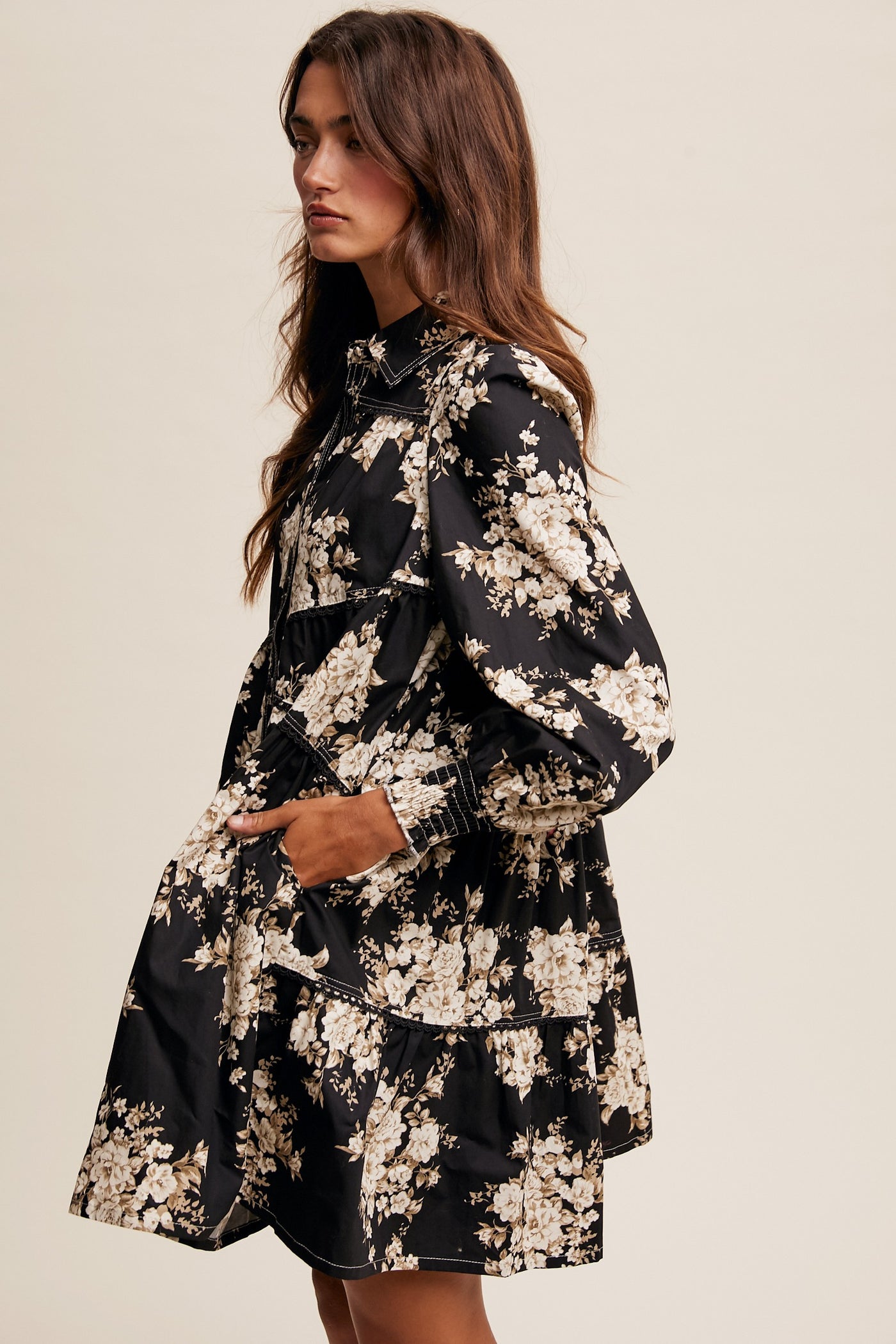 Delicate Floral Tiered Shirt Dress