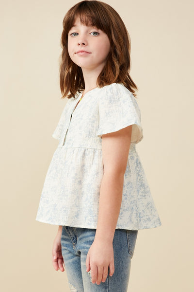 Girls Light Blue Printed Peplum Top