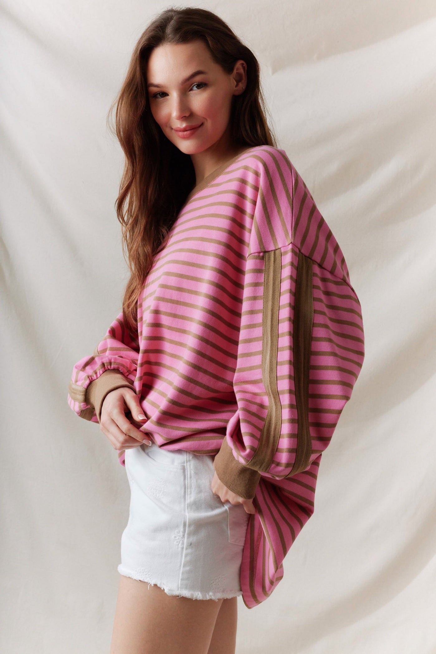 Dusty Pink & Mocha Oversized Stripe Top
