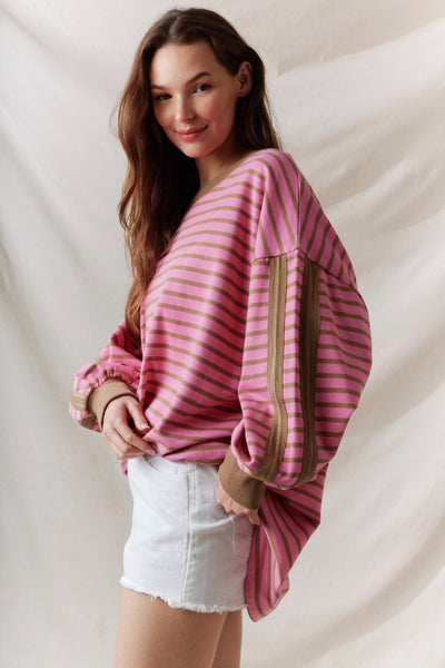 Dusty Pink & Mocha Oversized Stripe Top