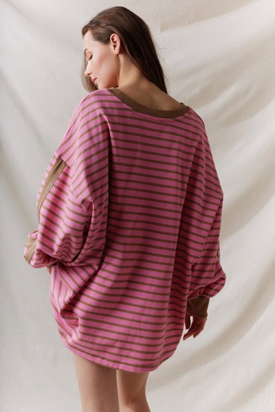 Dusty Pink & Mocha Oversized Stripe Top