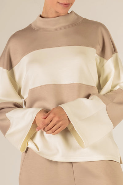 Butter Modal Taupe & Ivory Wide Sleeve Top
