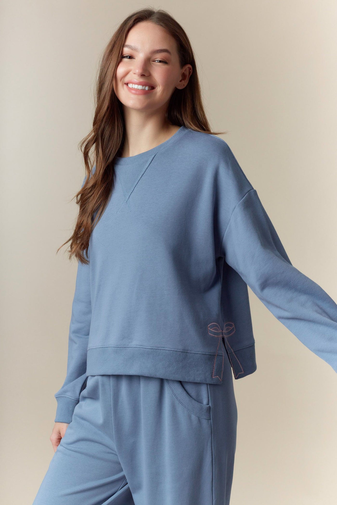 Dusty Blue Bow Detail Sweatshirt