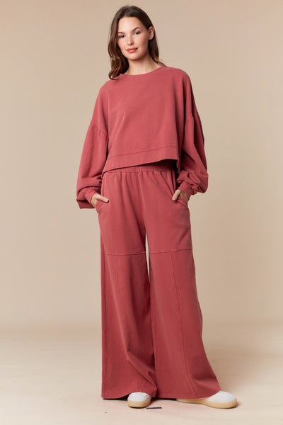 Mauve Washed French Terry Wide Leg Pants