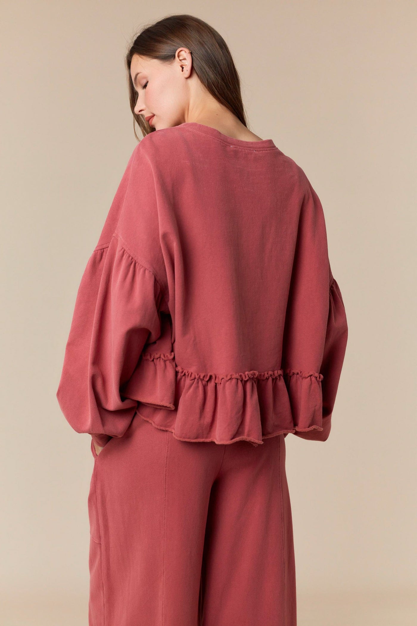 Mauve Washed Ruffle Hem Crop Sweatshirt