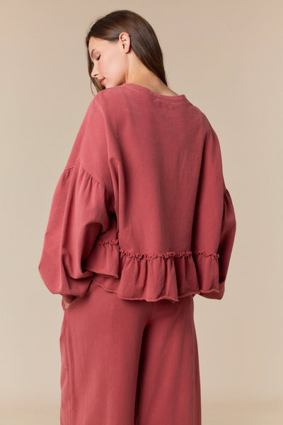 Mauve Washed Ruffle Hem Crop Sweatshirt