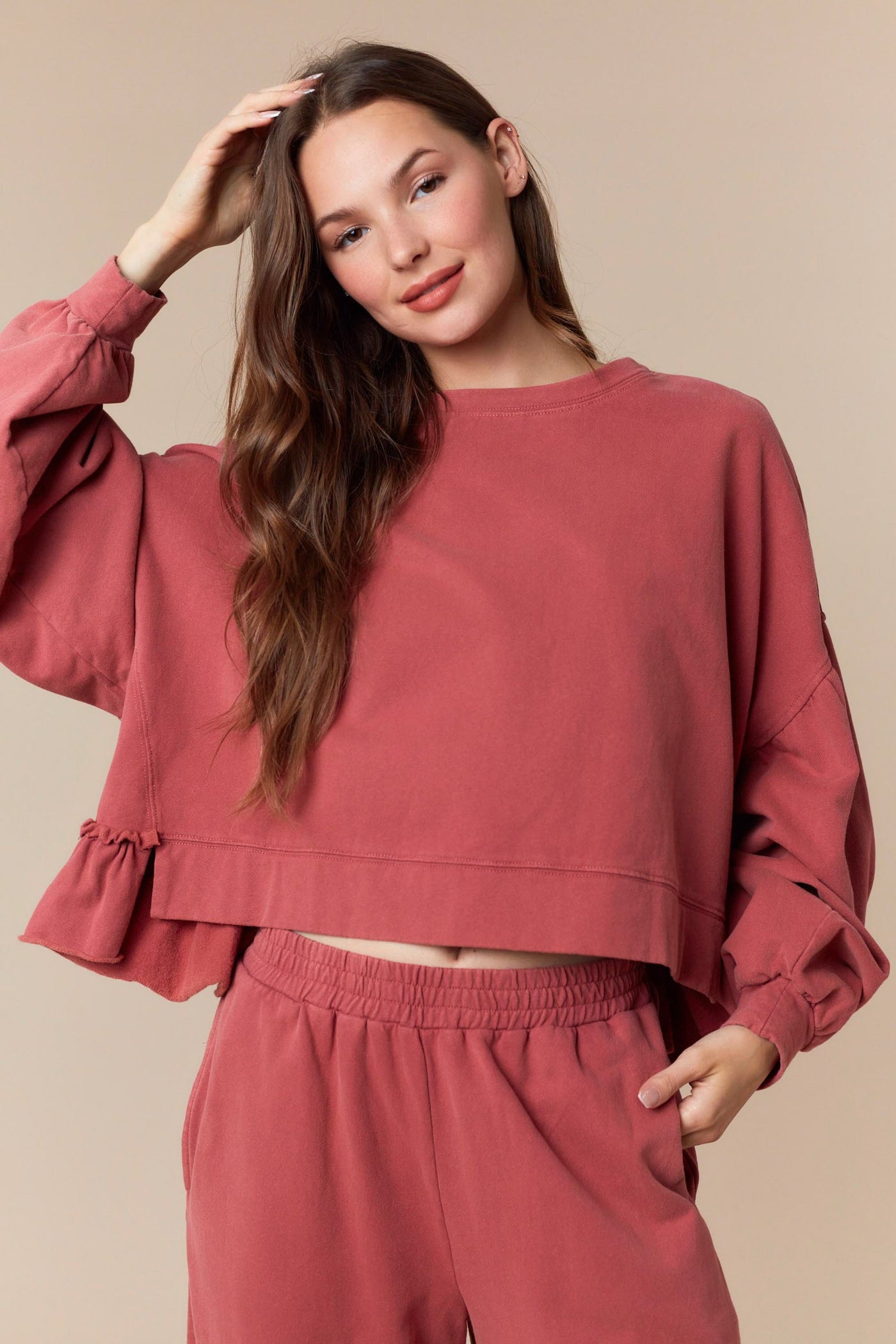 Mauve Washed Ruffle Hem Crop Sweatshirt