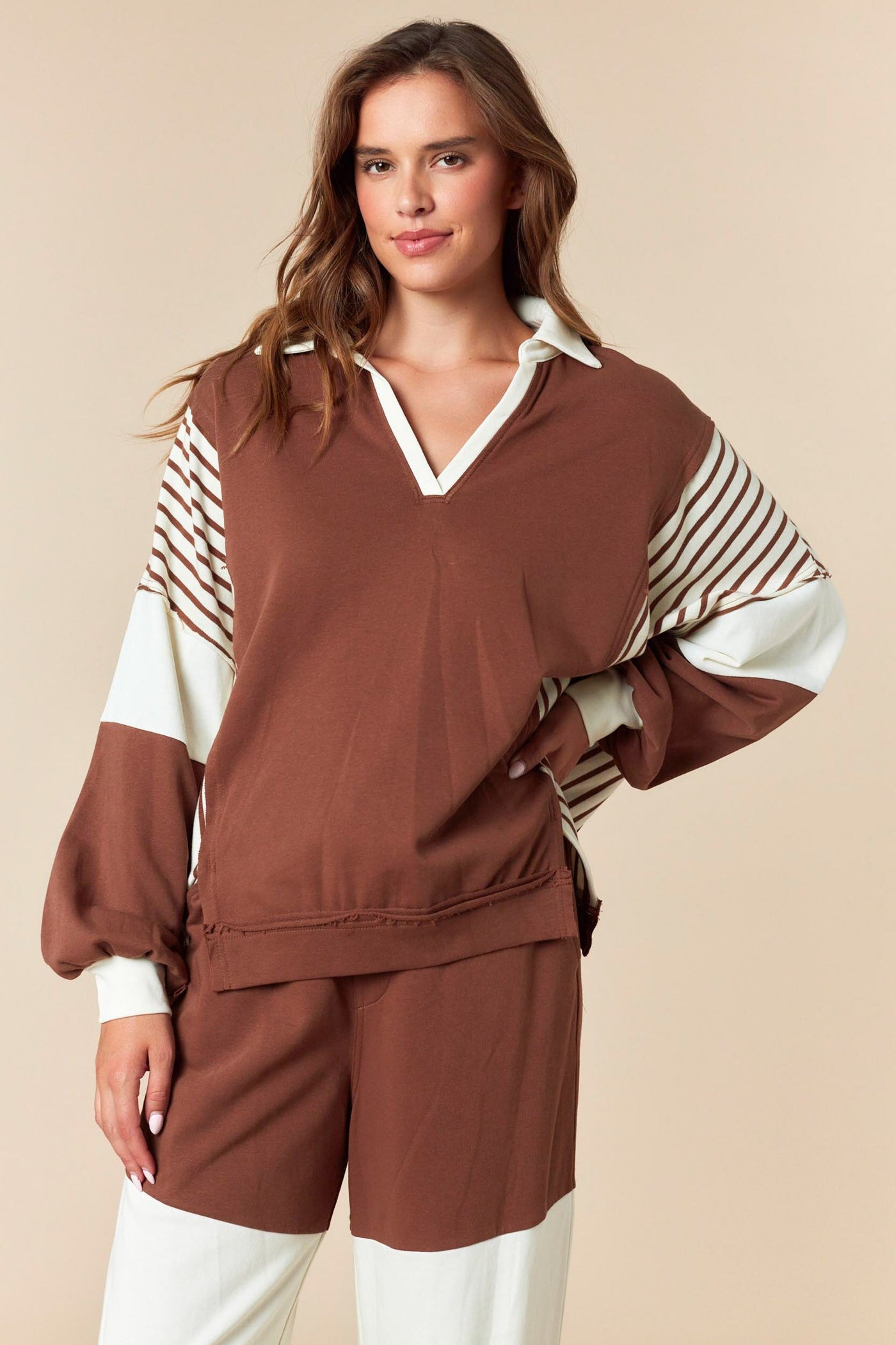 Mocha & Ecru Collar Sweatshirt