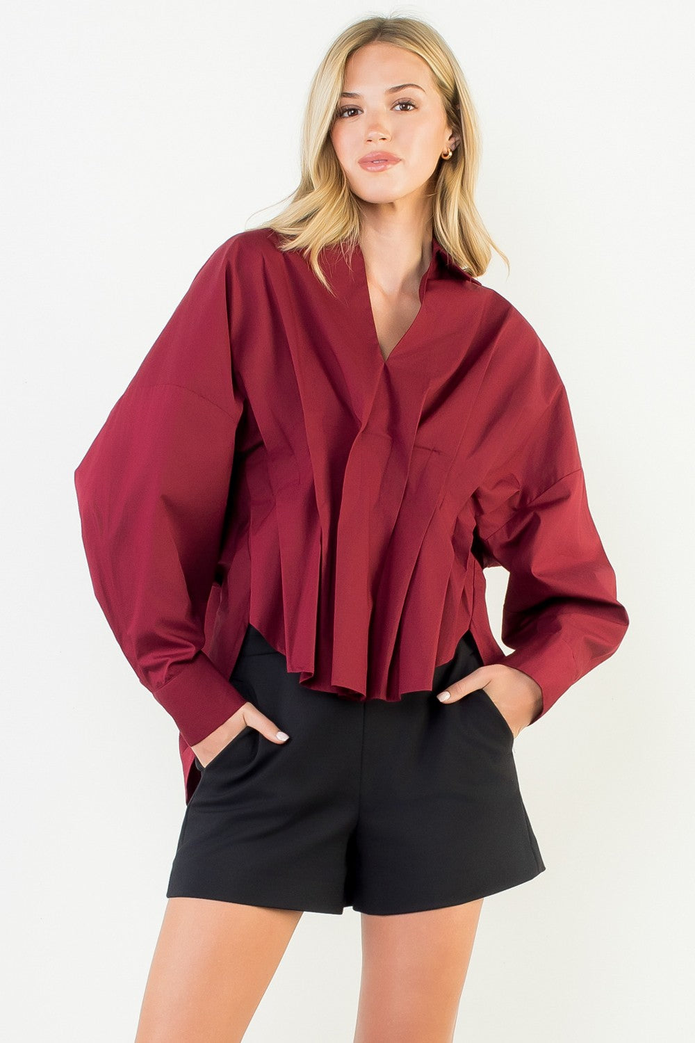 Maroon V-neck Long Sleeve Top