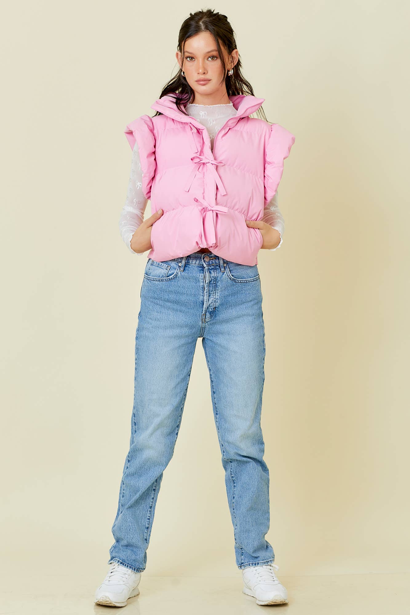 Pink Bow Tie Ruffle Puffer Vest