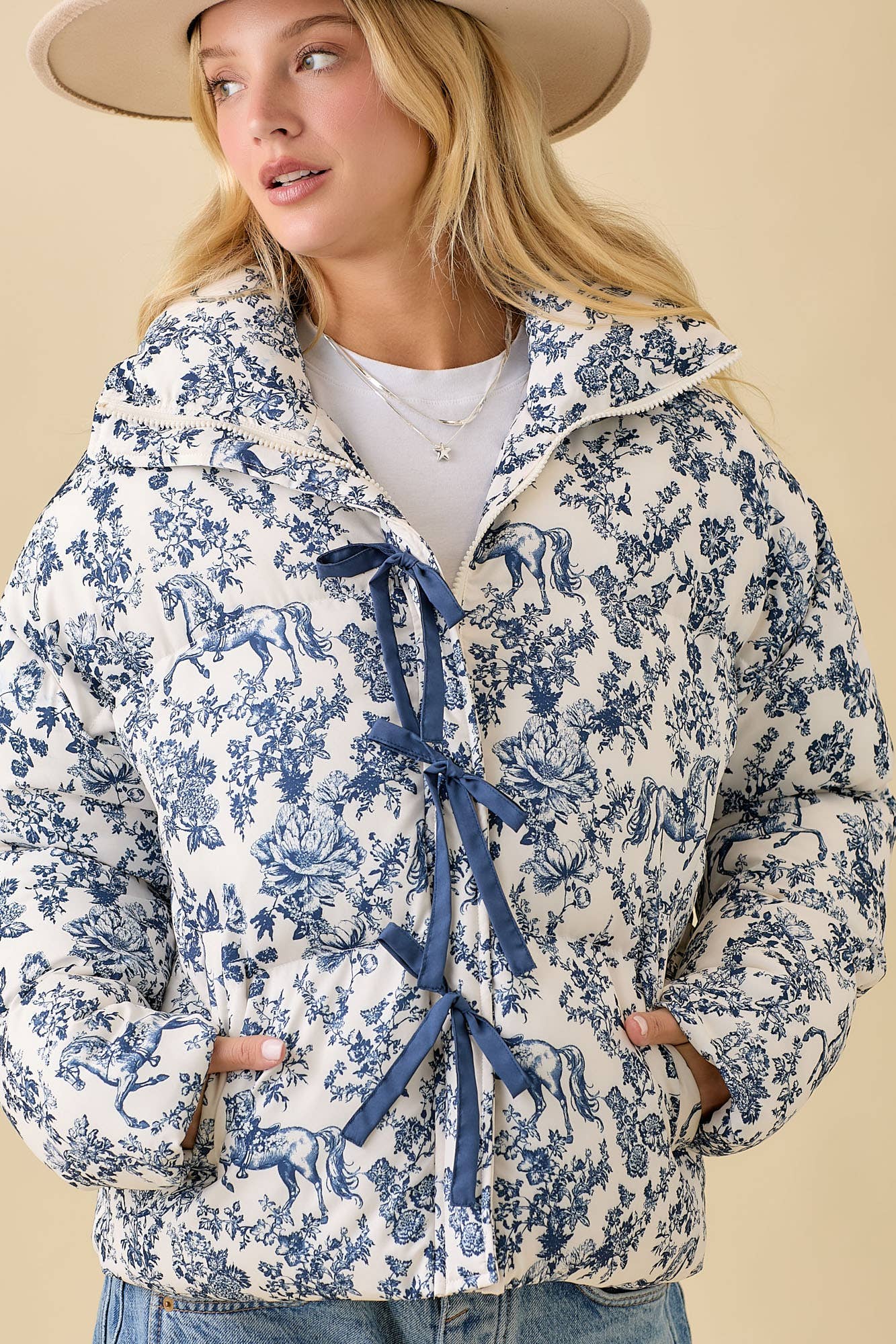 Navy Toile Horse Puff Jacket
