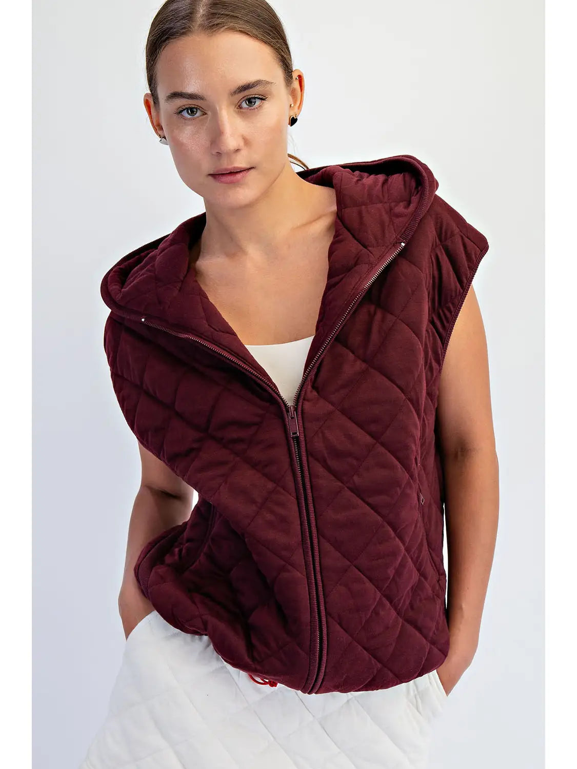 Burgundy Quilted Hoodie Vest
