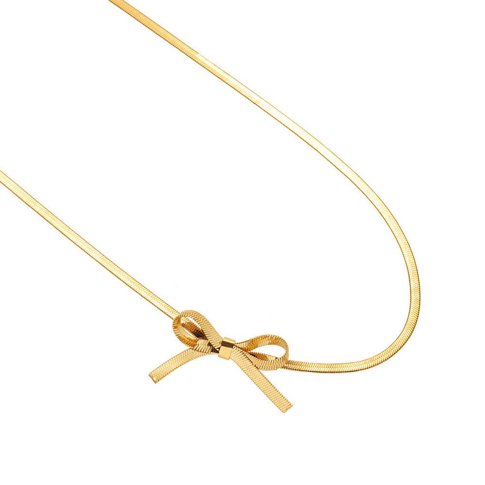Gold Herringbone Bow Necklace