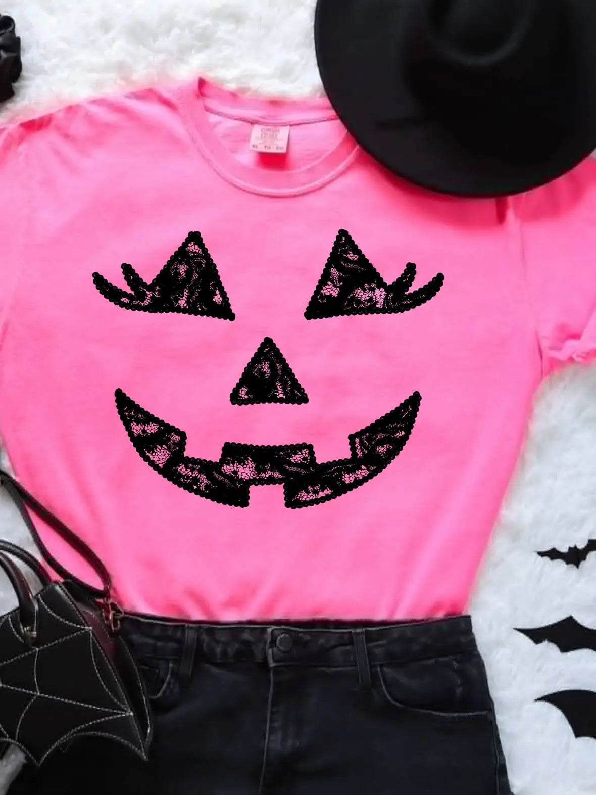 Lace Halloween Pumpkin Face Pink T-Shirt