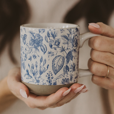 Blue Floral Stoneware Coffee Mug