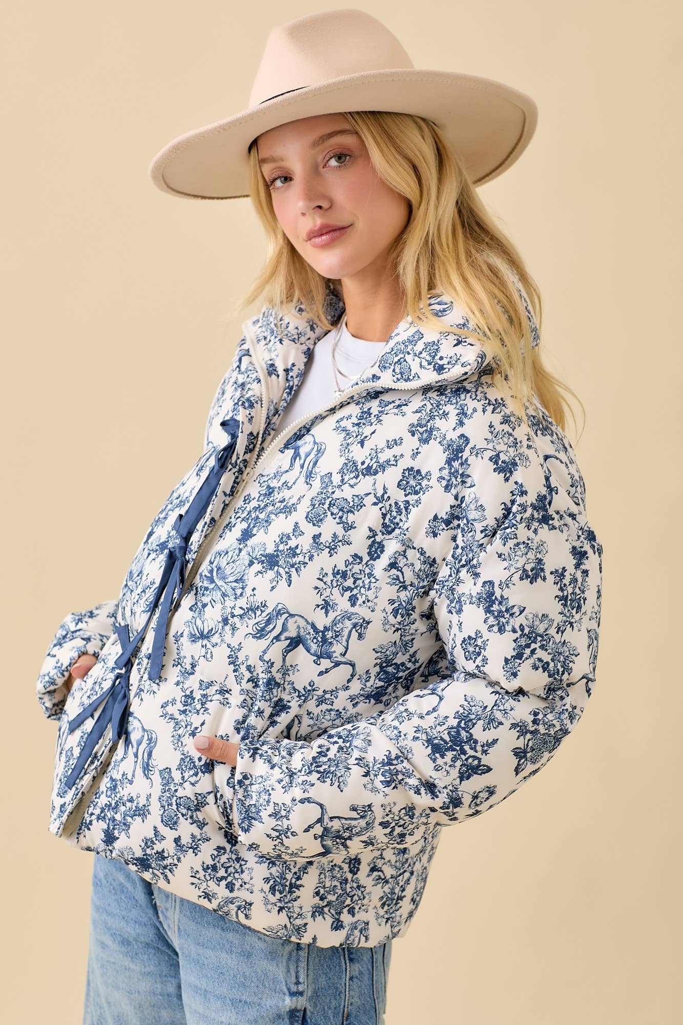 Navy Toile Horse Puff Jacket