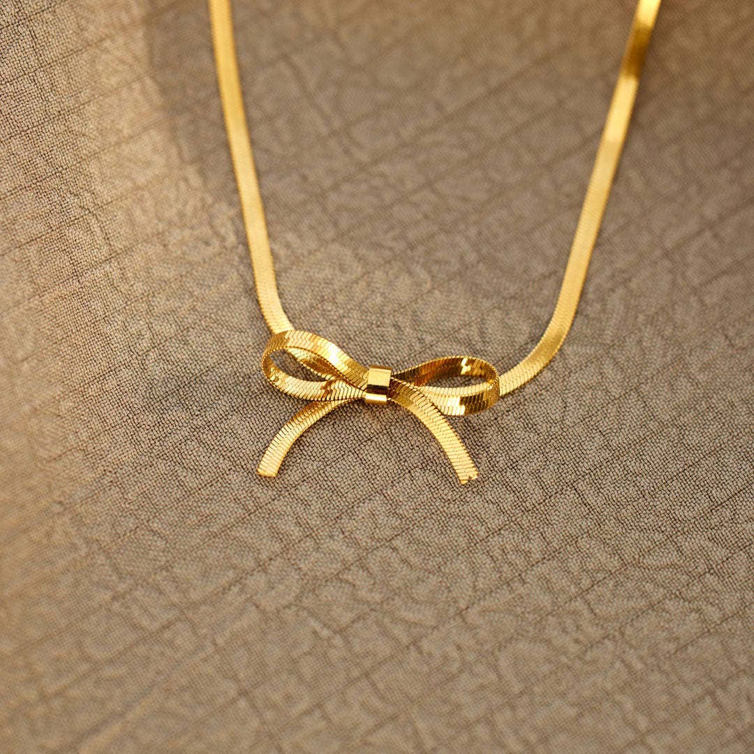Gold Herringbone Bow Necklace